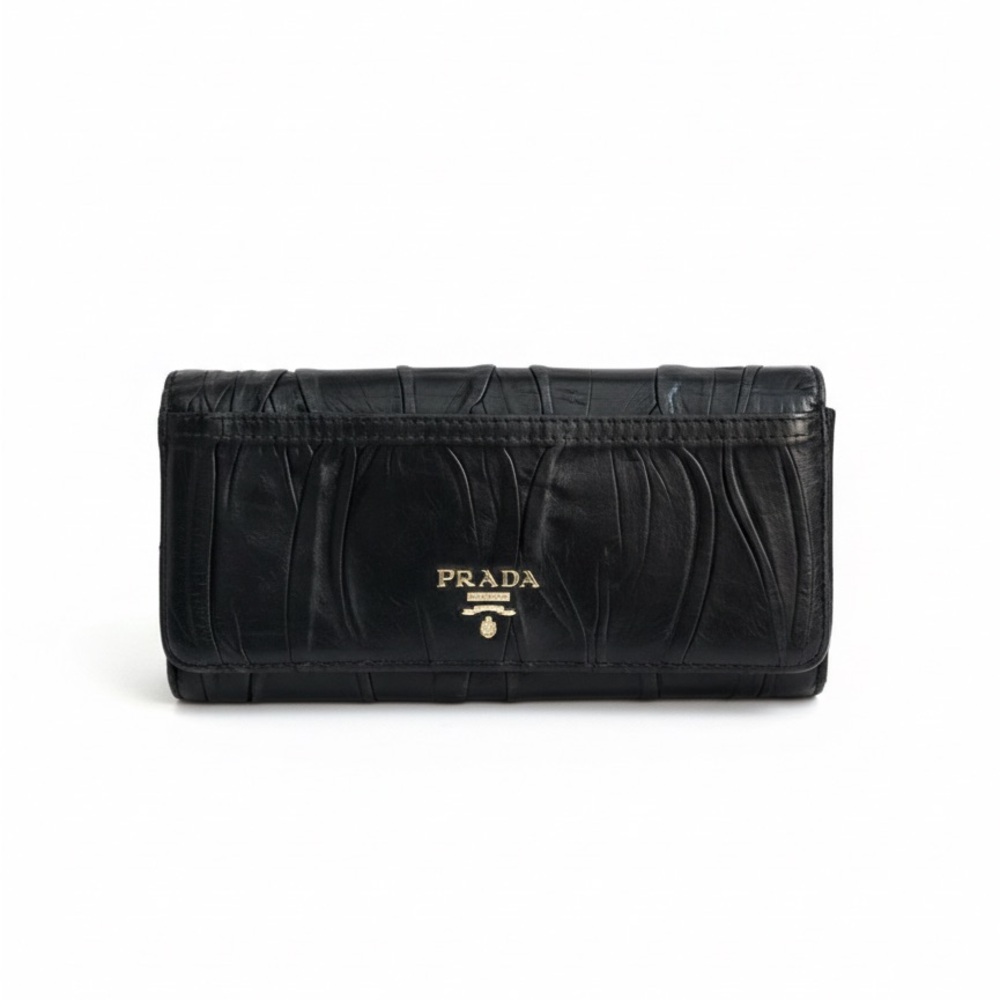 Prada Nappa Gaufre Soft Ruched Black Leather Wallet